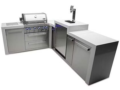 Mont Alpi 4-Burner 82" x 94" Deluxe Gas Patio Grill Station with 90-Degree Corner, Infrared Side & Rear Burners, Keg, and Rotisserie Kit - Stainless Steel
