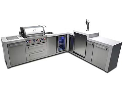 Mont Alpi 4-Burner 136" x 82" Deluxe Outdoor Cooking Station with 90-Degree Corner, Infrared Side & Rear Burners, Kegerator, Beverage Center, and Rotisserie Kit - Stainless Steel
