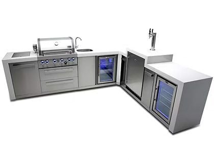 Mont Alpi 4-Burner 136" x 82" Deluxe Outdoor Grill Station with 90-Degree Corner, Infrared Side & Rear Burners, Keg, Fridge, Beverage Center, and Rotisserie Kit - Stainless Steel