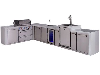 Mont Alpi 4-Burner 82" x 161" Deluxe Grill Island with 90-Degree Corner, Infrared Side & Rear Burners, Beverage Center, Kegerator, Cabinet Module and Rotisserie Kit - Stainless Steel