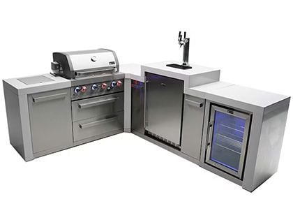 Mont Alpi 4-Burner 82" x 94" Deluxe Outdoor Grilling Station with 90-Degree Corner, Infrared Side & Rear Burners, Keg, Fridge, and Rotisserie Kit - Stainless Steel