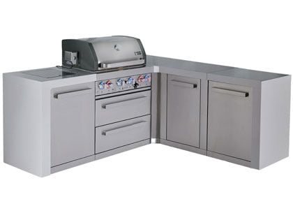 Mont Alpi 4-Burner 82" x 75" Deluxe Grill Island with 90-Degree Corner, Infrared Side & Rear Burners, Cabinet Modules and Rotisserie Kit - Stainless Steel