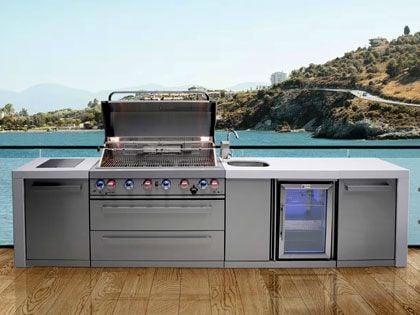 Mont Alpi 4-Burner 10-Foot Deluxe Gas Grill Island with Infrared Side & Rear Burners, Beverage Center, and Rotisserie Kit - Stainless Steel