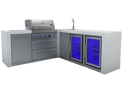 Mont Alpi 4-Burner 82" x 88" Deluxe BBQ Grilling Station with 90-Degree Corner, Infrared Side & Rear Burners, Refrigerator, Beverage Center, and Rotisserie Kit - Stainless Steel