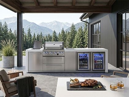 Mont Alpi 4-Burner 10-Foot Deluxe Gas Grilling Station with Infrared Side & Rear Burners, Refrigerator, Beverage Center, and Rotisserie Kit - Stainless Steel