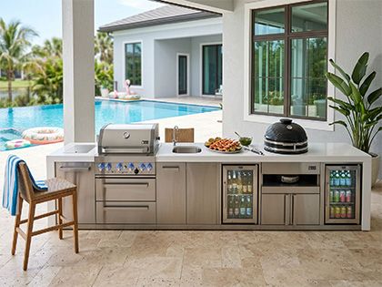 Mont Alpi 4-Burner 14 3/4-Foot Deluxe Grill Island with Infrared Side & Rear Burners, Kamado Module, Beverage Center, Refrigerator, Storage Cabinet and Rotisserie Kit - Stainless Steel