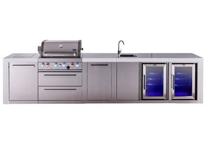 Mont Alpi 4-Burner 12-Foot Deluxe Grill Island with Infrared Side & Rear Burners, Refrigerator, Beverage Center, Cabinet Module and Rotisserie Kit - Stainless Steel