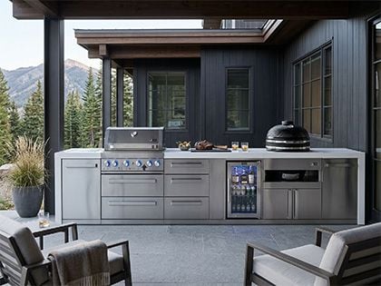 Mont Alpi 4-Burner 14 3/4-Foot Deluxe Grill Island with Infrared Side & Rear Burners, Kamado Module, Beverage Center, Triple Drawers and Rotisserie Kit - Stainless Steel