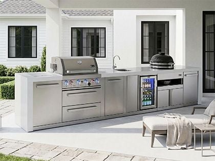 Mont Alpi 4-Burner 14 3/4-Foot Deluxe Grill Island with Infrared Side & Rear Burners, Kamado Module, Beverage Center, Storage Cabinet and Rotisserie Kit - Stainless Steel