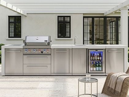 Mont Alpi 4-Burner 12-Foot Deluxe Gas Grill Island with Infrared Side & Rear Burners, Beverage Center, and Rotisserie Kit - Stainless Steel