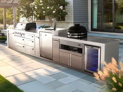 Mont Alpi 4-Burner 15 1/2-Foot Deluxe Grill Island with Infrared Side & Rear Burners, Kamado Module, Kegerator, Refrigerator, Triple Drawers and Rotisserie Kit - Stainless Steel