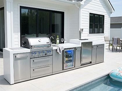 Mont Alpi 4-Burner 14-Foot Deluxe Modular Grill Station with Infrared Side & Rear Burners, Kegerator, Beverage Center, and Rotisserie Kit - Stainless Steel