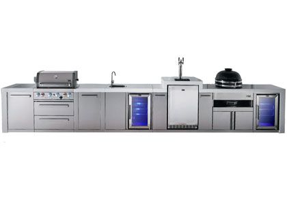 Mont Alpi 4-Burner 18 3/4-Foot Deluxe Grill Island with Infrared Side & Rear Burners, Kamado Module, Beverage Center, Kegerator, Refrigerator, Cabinet Module and Rotisserie Kit - Stainless Steel