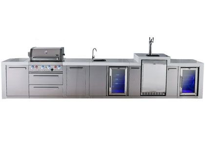 Mont Alpi 4-Burner 16-Foot Deluxe Grill Island with Infrared Side & Rear Burners, Beverage Center, Kegerator, Refrigerator, Cabinet Module and Rotisserie Kit - Stainless Steel