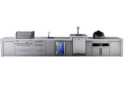 Mont Alpi 4-Burner 18 3/4-Foot Deluxe Grill Island with Infrared Side & Rear Burners, Kamado Module, Beverage Center, Kegerator, Triple Drawers and Rotisserie Kit - Stainless Steel