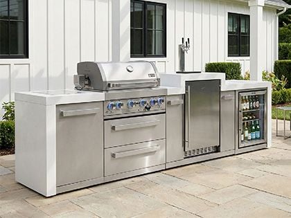 Mont Alpi 4-Burner 130-Inch Deluxe Modular Outdoor Kitchen with Infrared Side & Rear Burners, Kegerator, Fridge, and Rotisserie Kit - Stainless Steel