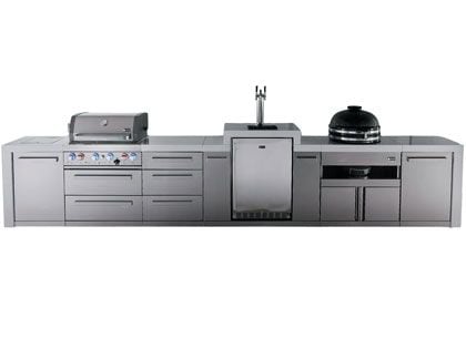 Mont Alpi 4-Burner 15 1/2-Foot Deluxe Grill Island with Infrared Side & Rear Burners, Kamado Module, Kegerator, Triple Drawers and Rotisserie Kit - Stainless Steel