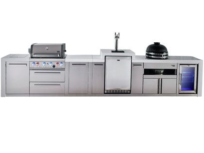 Mont Alpi 4-Burner 15 1/2-Foot Deluxe Grill Island with Infrared Side & Rear Burners, Kamado Module, Kegerator, Refrigerator, Storage Cabinet and Rotisserie Kit - Stainless Steel