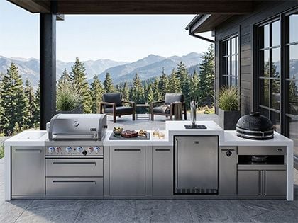 Mont Alpi 4-Burner 15 1/2-Foot Deluxe Grill Island with Infrared Side & Rear Burners, Kamado Module, Kegerator, Storage Cabinet and Rotisserie Kit - Stainless Steel