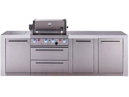 Mont Alpi 4-Burner 9-Foot Deluxe Grill Island with Infrared Side & Rear Burners, Cabinet Modules and Rotisserie Kit - Stainless Steel