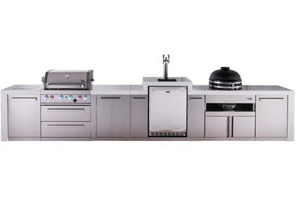 Mont Alpi 4-Burner 15 1/2-Foot Deluxe Grill Island with Infrared Side & Rear Burners, Kamado Module, Kegerator, Storage Cabinet and Rotisserie Kit - Stainless Steel