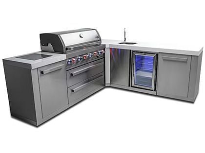 Mont Alpi 6-Burner 94" x 88" Gas Outdoor Grilling Station with 90-Degree Corner, Beverage Center and Infrared Side Burner - Stainless Steel