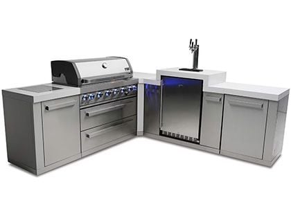 Mont Alpi 6-Burner 94" x 98" Modular Outdoor Cooking Station with 90-Degree Corner, Kegerator, and Infrared Side Burner - Stainless Steel