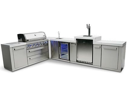 Mont Alpi 6-Burner 94" x 136" Gas Outdoor Grill Station with 90-Degree Corner, Kegerator, Beverage Center and Infrared Side Burner - Stainless Steel