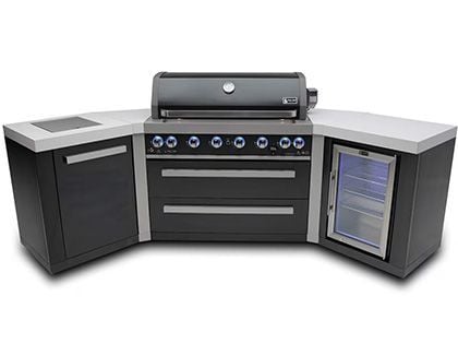 Mont Alpi 6-Burner 110-Inch Outdoor Grilling Station with 45-Degree Corners, Fridge, Infrared Side Burner & Rotisserie Kit - Black Stainless Steel