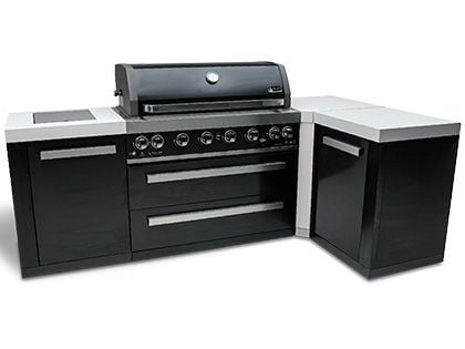 Mont Alpi 6-Burner 94" x 50" Outdoor Modular Kitchen with 90-Degree Corner, Infrared Side Burner & Rotisserie Kit - Black Stainless Steel