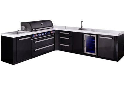 Mont Alpi 6-Burner 94" x 113" Gas Grill Island with 90-Degree Corner, Beverage Center, Triple Drawers, Infrared Side Burner & Rotisserie Kit - Black Stainless Steel
