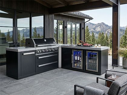 Mont Alpi 6-Burner 94" x 88" Gas BBQ Island with 90-Degree Corner, Beverage Center, Fridge, Cabinet, Infrared Side Burner & Rotisserie Kit - Black Stainless Steel
