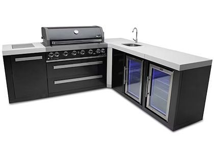 Mont Alpi 6-Burner 94" x 88" Gas BBQ Island with 90-Degree Corner, Beverage Center, Fridge, Cabinet, Infrared Side Burner & Rotisserie Kit - Black Stainless Steel