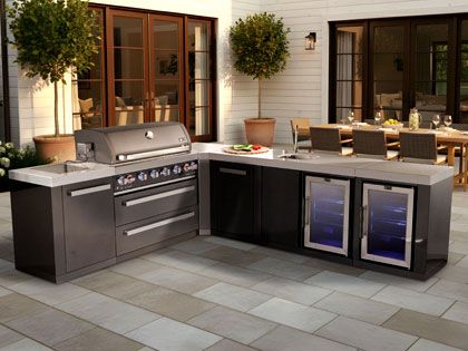 Mont Alpi 6-Burner 94" x 113" Gas Grill Island with 90-Degree Corner, Beverage Center, Refrigerator, Cabinet Module, Infrared Side Burner & Rotisserie Kit - Black Stainless Steel