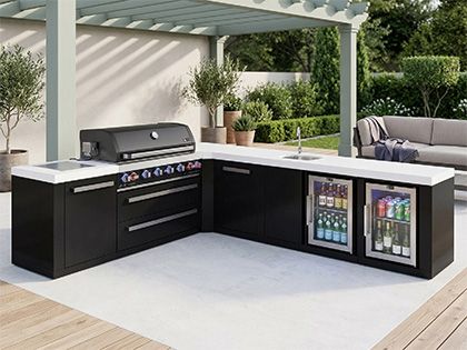 Mont Alpi 6-Burner 94" x 113" Gas Grill Island with 90-Degree Corner, Beverage Center, Refrigerator, Cabinet Module, Infrared Side Burner & Rotisserie Kit - Black Stainless Steel