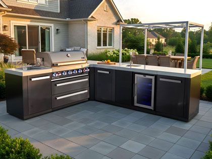 Mont Alpi 6-Burner 94" x 113" Gas Grill Island with 90-Degree Corner, Beverage Center, Storage Modules, Infrared Side Burner & Rotisserie Kit - Black Stainless Steel