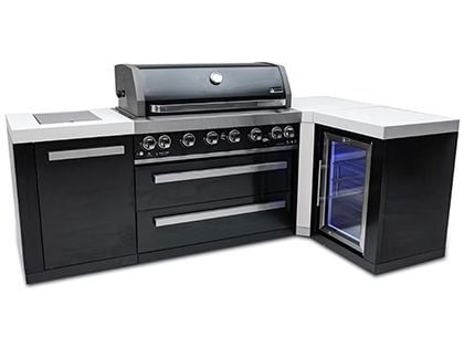 Mont Alpi 6-Burner 94" x 50" Gas Outdoor BBQ Island with 90-Degree Corner, Refrigerator, Infrared Side Burner & Rotisserie Kit - Black Stainless Steel