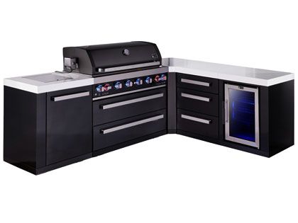 Mont Alpi 6-Burner 94" x 88" Gas Grill Island with 90-Degree Corner, Refrigerator, Triple Drawers, Infrared Side Burner & Rotisserie Kit - Black Stainless Steel