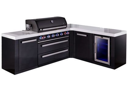 Mont Alpi 6-Burner 94" x 77" Gas Grill Island with 90-Degree Corner, Refrigerator, Cabinet Module, Infrared Side Burner & Rotisserie Kit - Black Stainless Steel