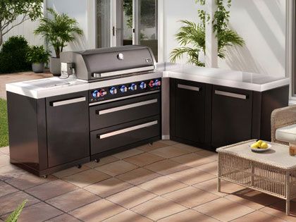 Mont Alpi 6-Burner 94" x 75" Gas Grill Island with 90-Degree Corner, Double Cabinet Module, Infrared Side Burner & Rotisserie Kit - Black Stainless Steel