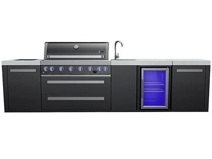 Mont Alpi 6-Burner 11-Foot Gas Grill Patio Island with Beverage Center, Infrared Side Burner & Rotisserie Kit - Black Stainless Steel