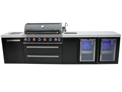 Mont Alpi 6-Burner 11-Foot Gas Grill Island with Beverage Center, Refrigerator Cabinet, Infrared Side Burner & Rotisserie Kit - Black Stainless Steel