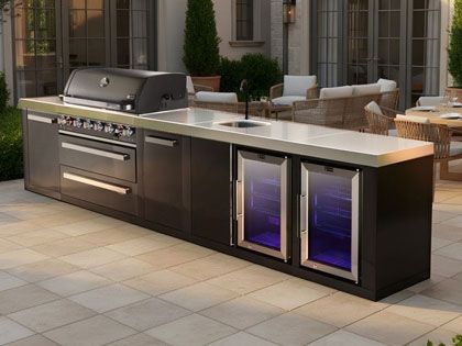 Mont Alpi 6-Burner 13-Foot Gas Grill Island with Beverage Center, Refrigerator, Storage Module, Infrared Side Burner & Rotisserie Kit - Black Stainless Steel