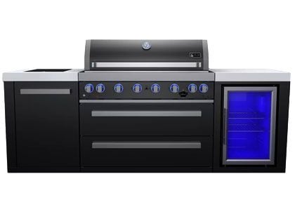 Mont Alpi 6-Burner 94-Inch Outdoor Cooking Station with Refrigerator, Infrared Side Burner & Rotisserie Kit - Black Stainless Steel