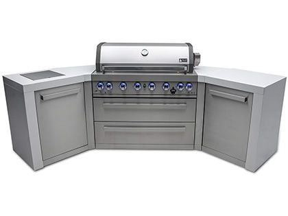 Mont Alpi 6-Burner 110-Inch Deluxe Gas BBQ Grill Island with 45-Degree Corners, Infrared Side & Rear Burners, and Rotisserie Kit - Stainless Steel