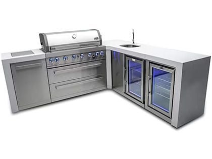 Mont Alpi 6-Burner 94" x 113" Deluxe Outdoor Kitchen Island with 90-Degree Corner, Beverage Center, Fridge, Infrared Burners, and Rotisserie Kit - Stainless Steel
