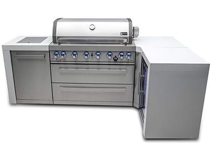 Mont Alpi 6-Burner 94" x 50" Deluxe Outdoor Grill Station with 90-Degree Corner, Fridge, Infrared Burners, and Rotisserie Kit - Stainless Steel