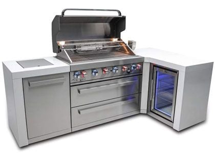 Mont Alpi 6-Burner 94" x 50" Deluxe Outdoor Grill Station with 90-Degree Corner, Fridge, Infrared Burners, and Rotisserie Kit - Stainless Steel