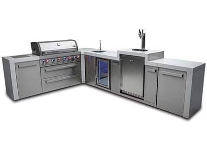 Mont Alpi 6-Burner 94" x 136" Deluxe BBQ Grill Station with 90-Degree Corner, Keg, Beverage Center, Infrared Burners, and Rotisserie Kit - Stainless Steel