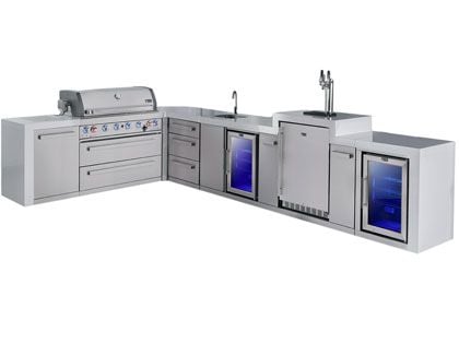 Mont Alpi 6-Burner 93" x 161" Deluxe Grill Island with 90-Degree Corner, Kegerator, Beverage Center, Refrigerator, Triple Drawers, Infrared Burners, and Rotisserie Kit - Stainless Steel